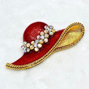 Vintage Red Hat Enameled Brooch w/AB Crystals - Large Brooch